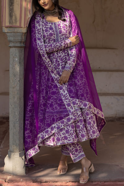 Purple floral print anarkali set