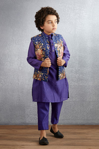 Purple floral print bandi kurta set