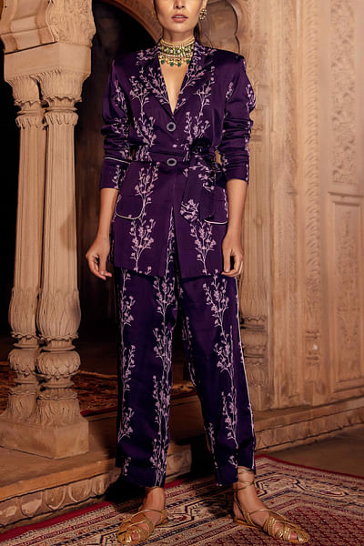 Purple floral print blazer set