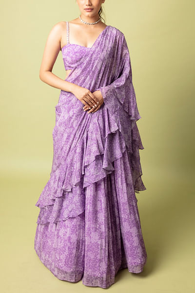 Purple floral print frill lehenga saree set