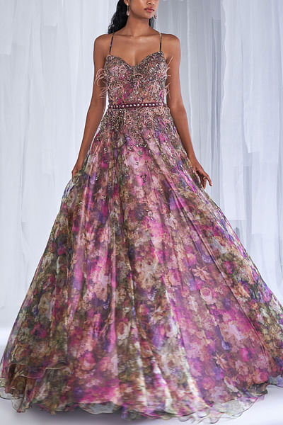 Purple floral print gown