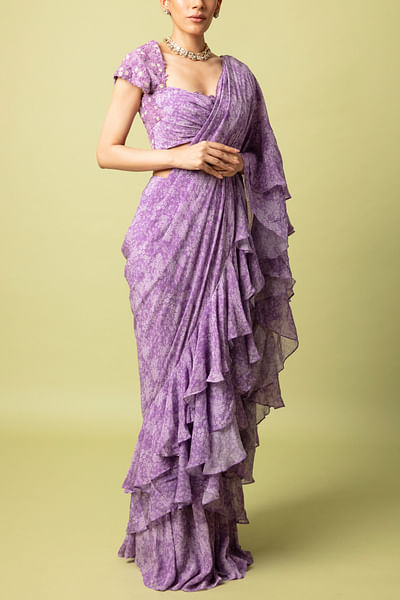 Purple floral print pre-stitched saree set