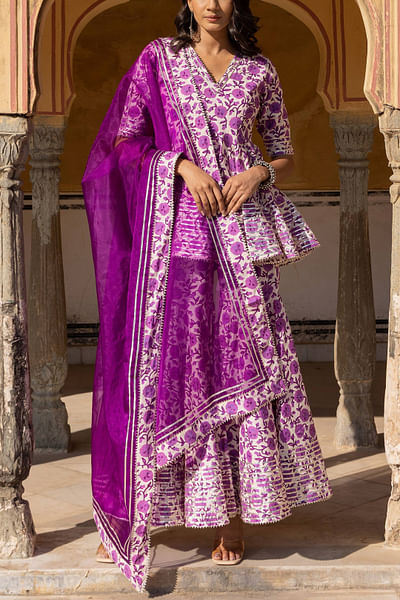 Purple floral print sharara set