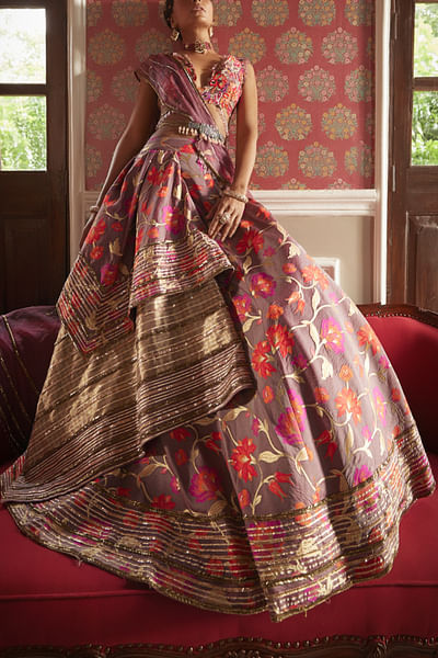 Purple floral print silk lehenga set