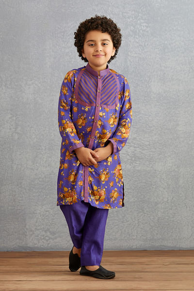 Purple floral print woven kurta set