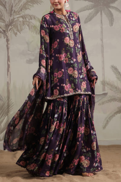 Purple floral printed sharara set