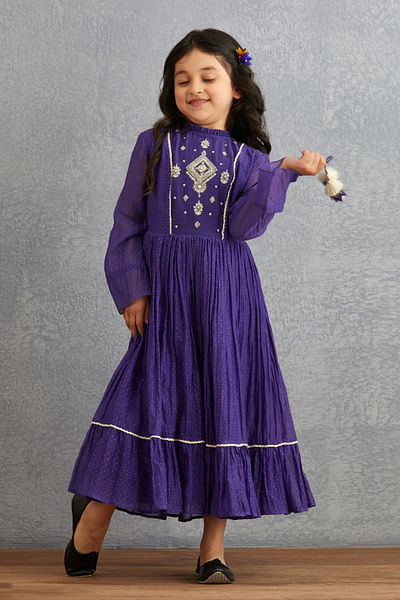 Purple geometric embroidery gathered dress