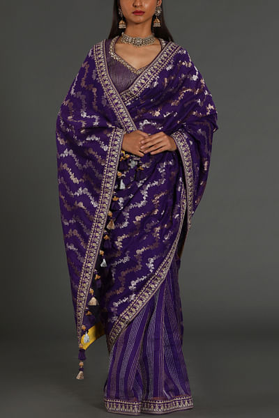 Purple half n half zari woven sari set