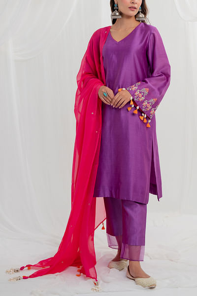 Purple hand embroidered kurta set