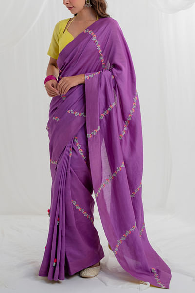 Purple hand embroidered saree set