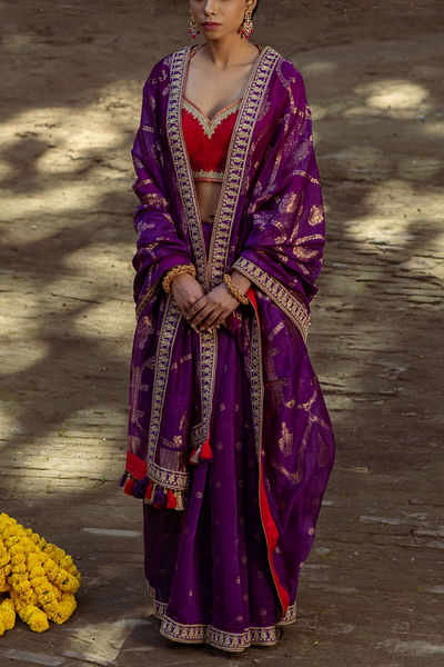 Purple hand embroidered sari set