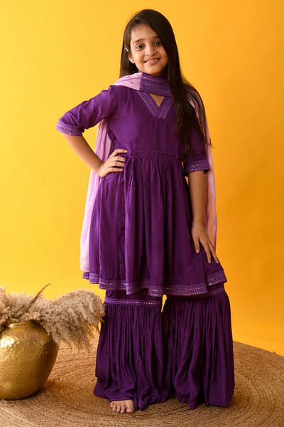 Purple lace embellished sharara set