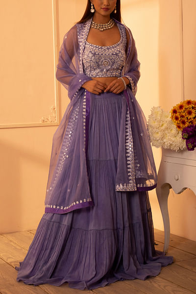 Purple mirror embellished tiered lehenga set