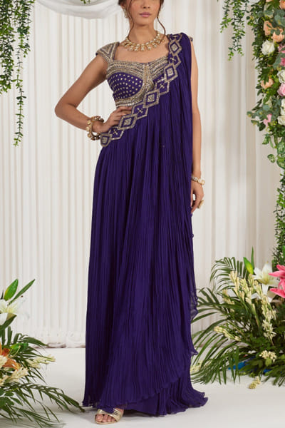 Purple pearl embroidered draped sari set