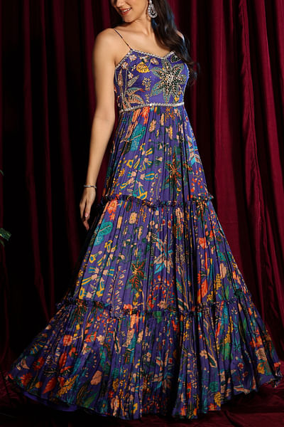 Purple printed layered gown