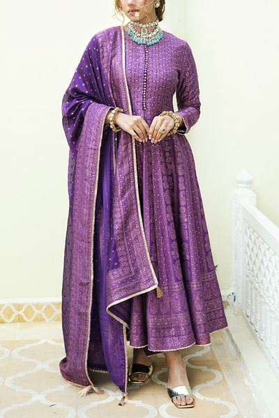 Purple self-woven anarkali set
