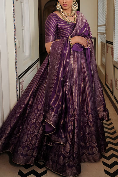 Purple self-woven lehenga set