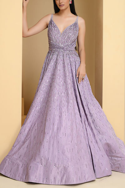 Purple sequin and crystal embellished gown