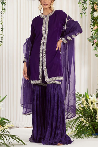 Purple sequin and pearl embroidered sharara set