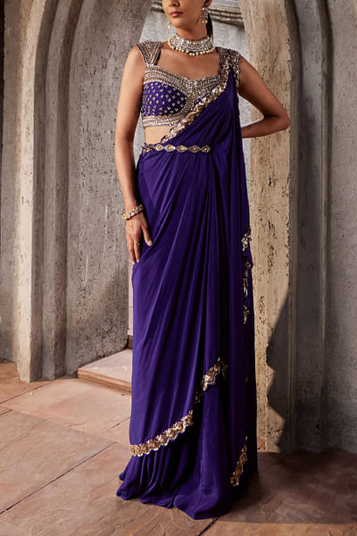 Purple sequin pre-draped embroidery sari set