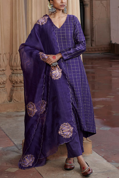Purple zari woven checkered kurta set