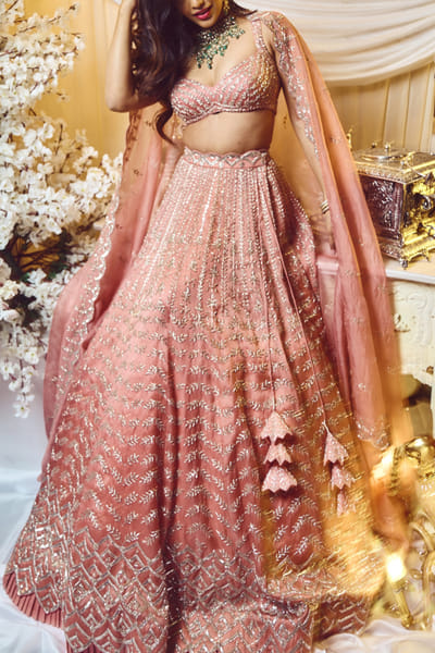 Varun Chakkilam Quartz pink chevron embroidered lehenga set VACNOV2317