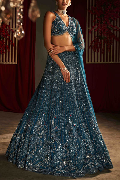 Rama blue sequin and cutdana embroidered lehenga set