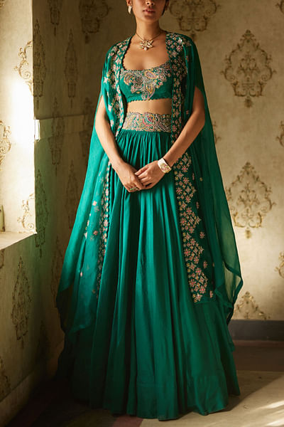 Rama green zardozi embroidered cape set