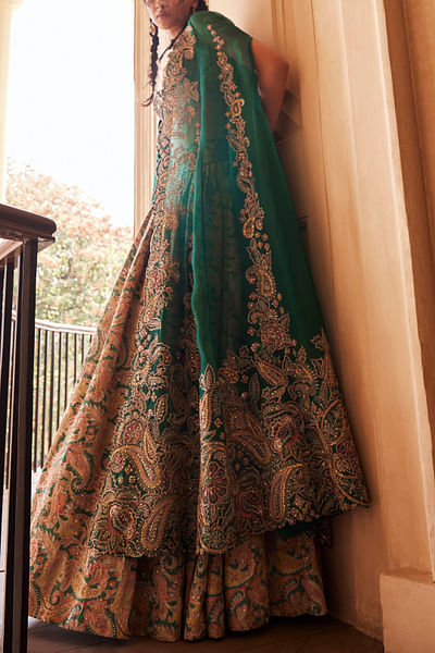 Rama green zardozi embroidery cape lehenga set
