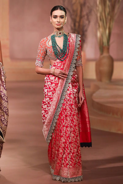 Rani pink and orange embroidered sari set