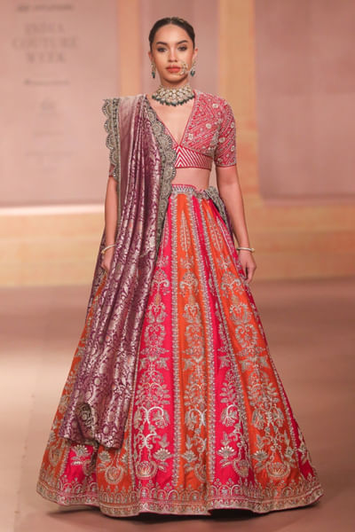 Rani pink and rust embroidered lehenga set