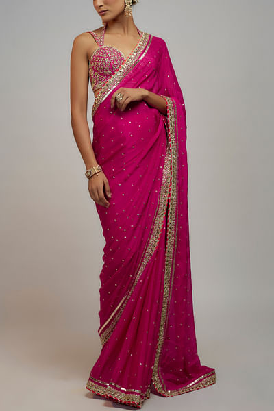 Rani pink badla and zardozi work sari set