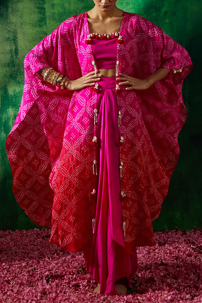 Rani pink bandhani print cape set