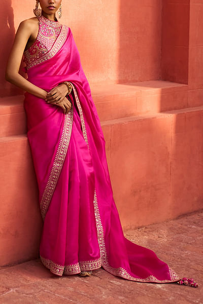 Rani pink mirror embroidery sari set