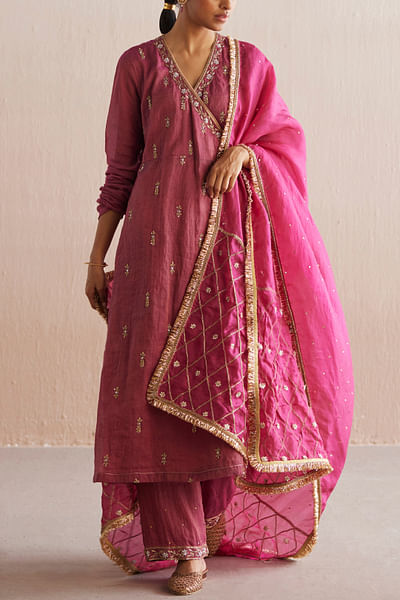 Rani pink zardozi embroidery angrakha set
