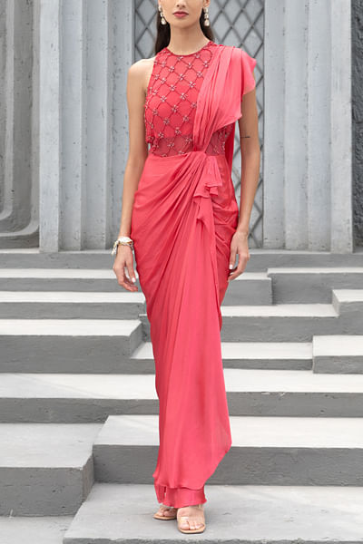 Raspberry embroidered draped gown