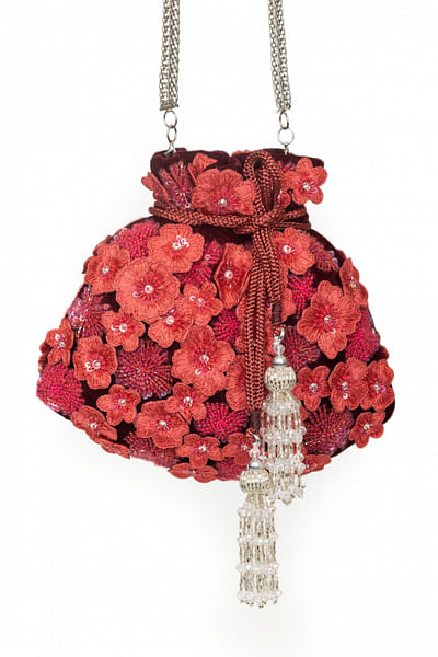 Red 3D floral embellished potli bag