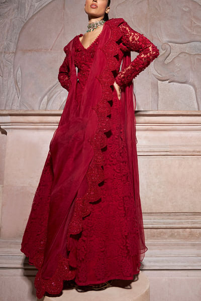 Red 3D floral embroidery anarkali