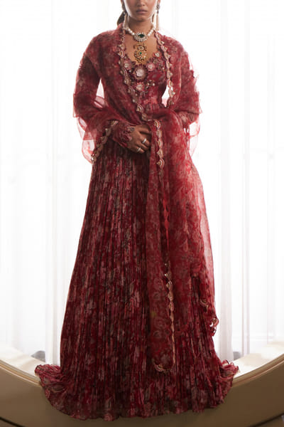 Red 3D floral embroidery anarkali set