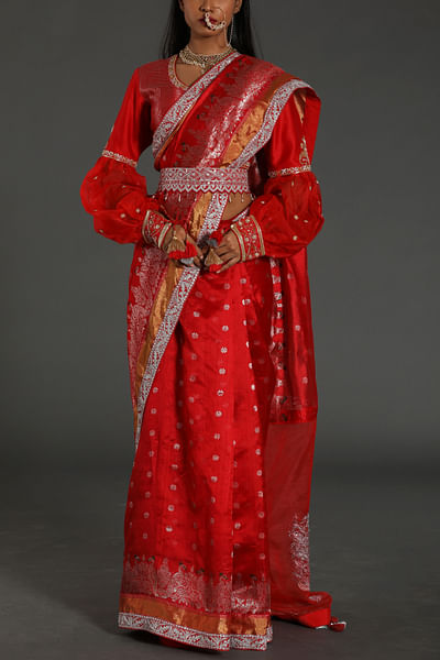 Red aari embroidery sari set