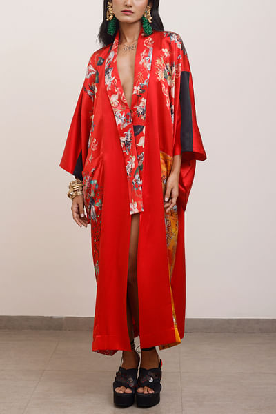 Red abstract print silk kimono