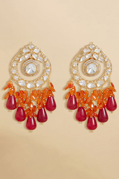 Red agate bead polki dangler earrings