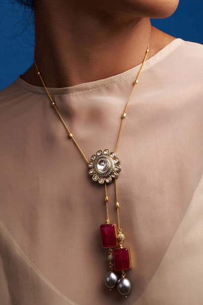 Red agate stone and polki chain necklace