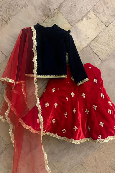 Red and black floral embroidery lehenga set