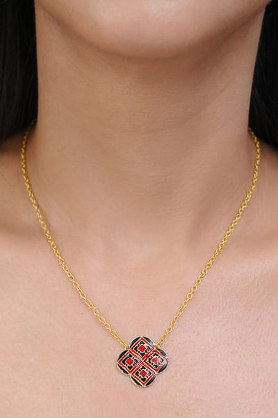 Red and black geometric meenakari necklace