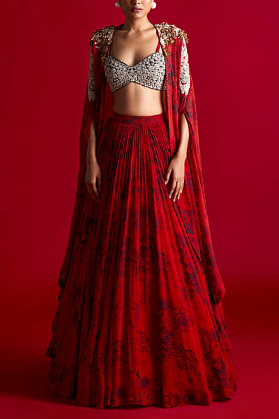 Red and black printed cape skirt set