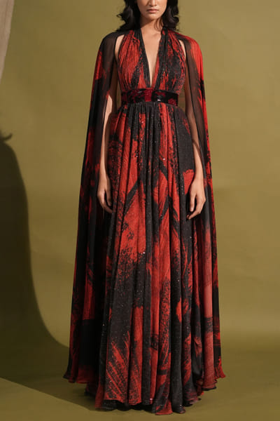 Nikita Mhaisalkar Red and black stroke printed cape sleeve maxi dress NIMMAY46