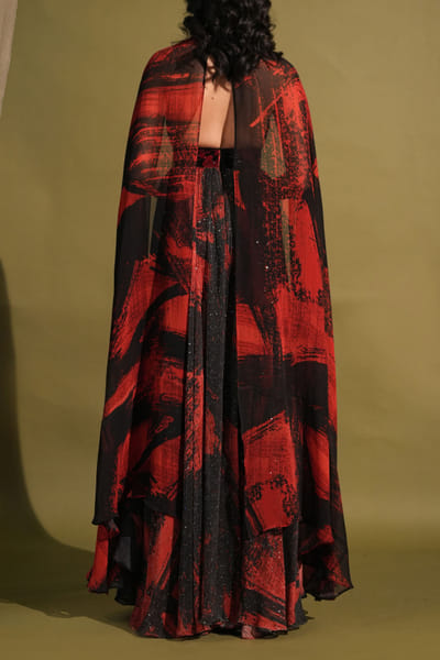 Nikita Mhaisalkar Red and black stroke printed cape sleeve maxi dress NIMMAY46