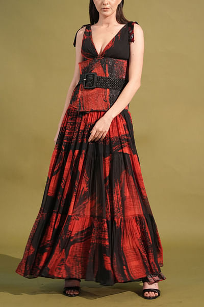 Red and black stroke printed corset and belt