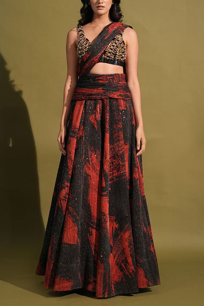 Red and black stroke printed lehenga set